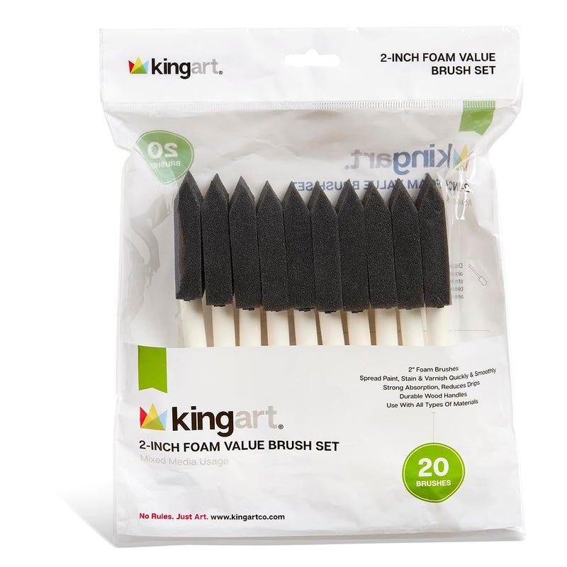 KINGART 242-20 Foam 20 Pc. Value Pack 2" Brush Set, Short Wood Handle, for Oil, Acrylic & Watercolor Paint, Great for Crafts, DIY Home Projects, Hobbies & Group Activities - Image 1
